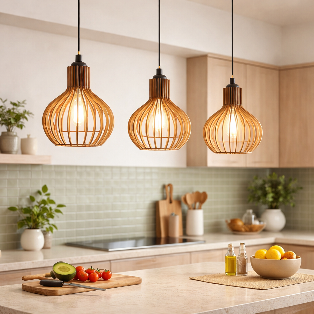 Kit 3 Pendentes de Teto MDF instalados em uma cozinha moderna