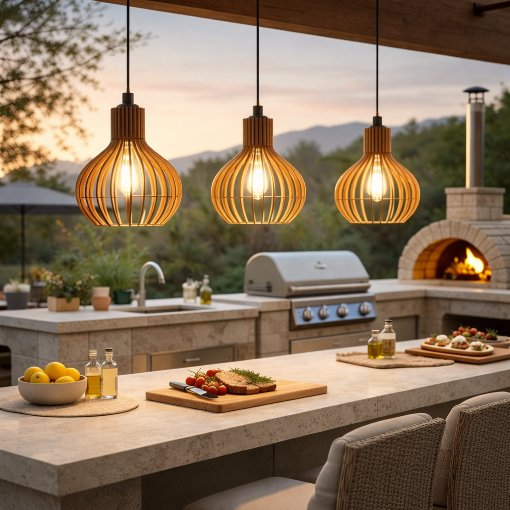 Kit de pendentes iluminando uma área gourmet ao entardecer
